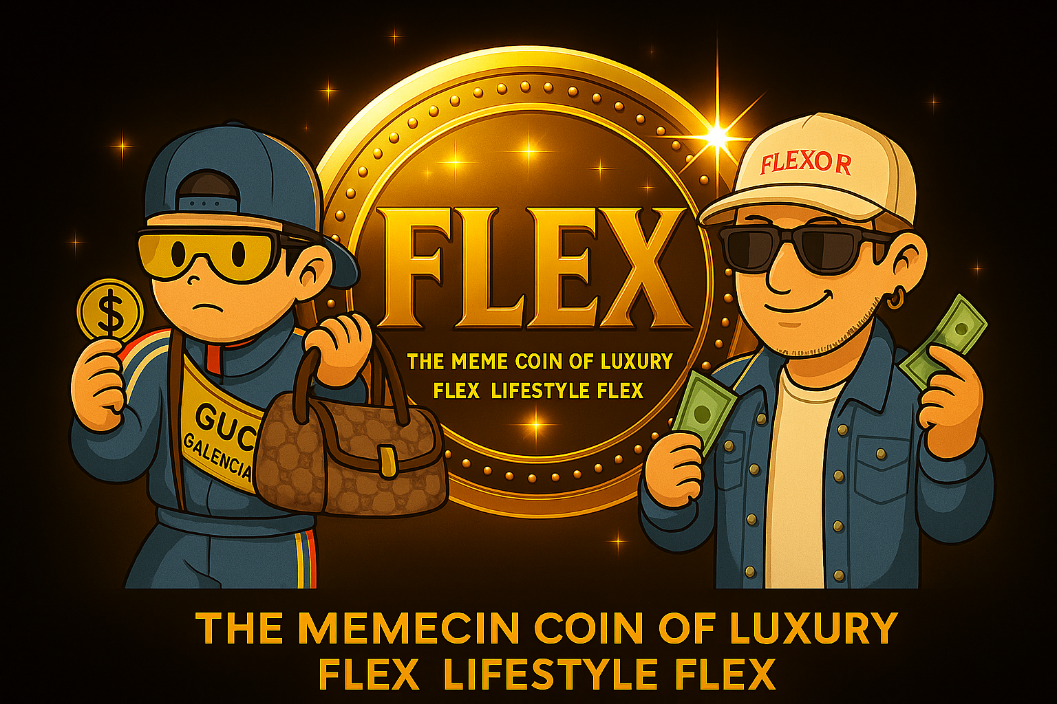 FlexCoin luxury meme coin hero illustration with FLEX gold coin and two flexing characters